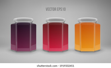 Un conjunto de frascos de vidrio hexagonal con tapas. Un frasco transparente con tapa blanca y etiquetas. Ilustración 3D realista. Vector
