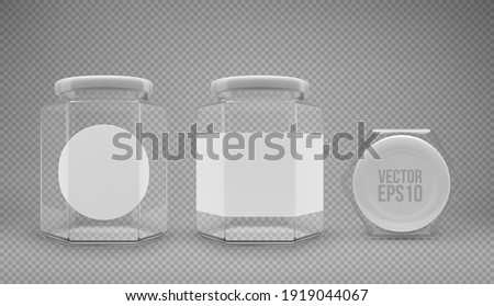 A set of hexagon glass jars with lids. A transparent jar with a white lid and labels. Realistic 3D illustration. Vector