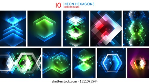 Set of hexagon glowing neon abstract backgrounds, light shapes in the black, futuristic space digital technology banners. Vector art