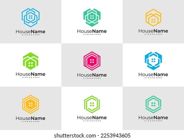 Set of Hexagon House logo template. Creative Home logo design concepts