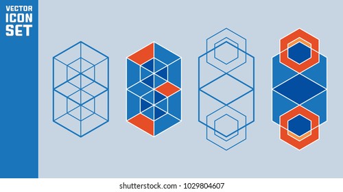 Set of hexagon icons. Abstract geometric for design. Orange and blue vector elements.