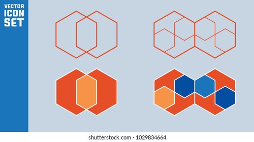 Set of hexagon icons. Abstract geometric for design. Orange and blue vector elements.