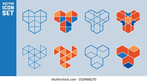 Set of hexagon icons. Abstract geometric for design. Orange and blue vector elements.