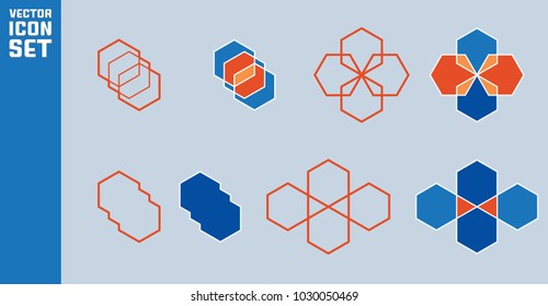 Set of hexagon icons. Abstract geometric for design. Orange and blue vector elements.