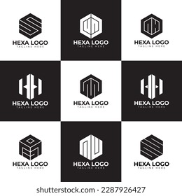 Set of hexagon letter logo design, HH, UN, SUI, M, AH, OEF, AIUI, UMN hexagon logo, Black and white, monogram Hexagon icons, vector template illustration