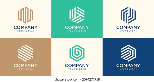 set of Hexagon logo design with stripe concept, hexagon logo template