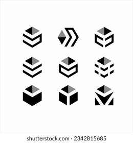 Set of hexagon logo templates with pyramids. Collection of different initial letters.