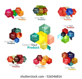 Set of hexagon navigation option diagrams. Vector business brochure or flyer element, presentation and web design navigation layout