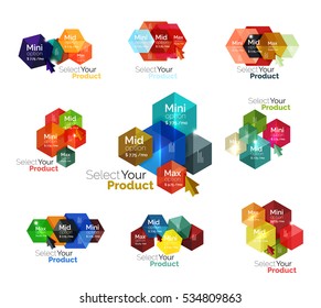 Set of hexagon navigation option diagrams. Vector business brochure or flyer element, presentation and web design navigation layout