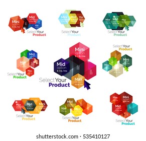 Set of hexagon navigation option diagrams. Vector business brochure or flyer element, presentation and web design navigation layout