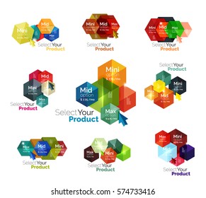 Set of hexagon navigation option diagrams. Vector business brochure or flyer element, presentation and web design navigation layout