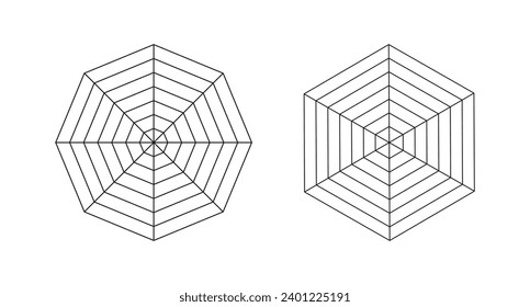 Set of hexagon and octagon simple graphs. Collection of radar or spider diagram templates. Spider mesh. Blank radar charts. Flat web diagrams for statistic, analytics. Vector outlined illustration.