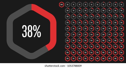 Set of hexagon percentage diagrams from 0 to 100 ready-to-use for web design, user interface (UI) or infographic - indicator with red