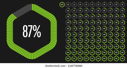 Set of hexagon percentage diagrams from 0 to 100 ready-to-use for web design, user interface (UI) or infographic - indicator with green