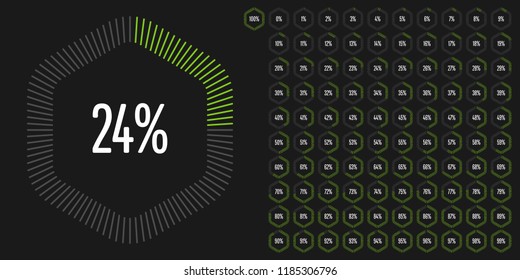 Set of hexagon percentage diagrams from 0 to 100 ready-to-use for web design, user interface (UI) or infographic - indicator with green