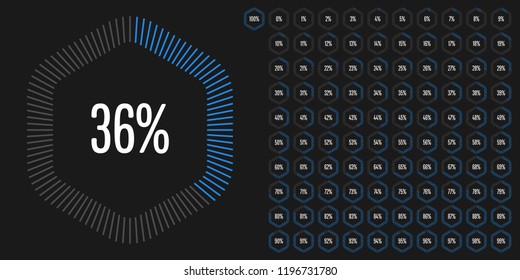 Set of hexagon percentage diagrams from 0 to 100 ready-to-use for web design, user interface (UI) or infographic - indicator with blue