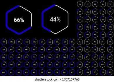 Set of hexagon percentage diagrams from 0 to 100 ready-to-use for web design, user interface (UI) or infographic - indicator with blue and black