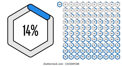 Set of hexagon percentage diagrams (meters) from 0 to 100 ready-to-use for web design, user interface (UI) or infographic - indicator with blue