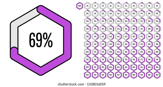 Set of hexagon percentage diagrams (meters) from 0 to 100 ready-to-use for web design, user interface (UI) or infographic - indicator with purple