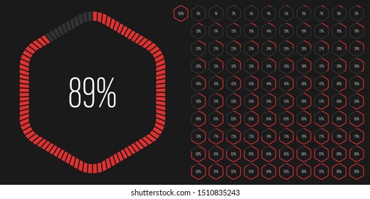 Set of hexagon percentage diagrams meters from 0 to 100 ready-to-use for web design, user interface UI or infographic - indicator with red