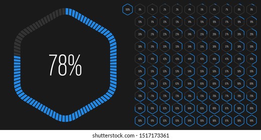 Set of hexagon percentage diagrams meters from 0 to 100 ready-to-use for web design, user interface UI or infographic - indicator with blue