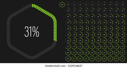 Set of hexagon percentage diagrams meters from 0 to 100 ready-to-use for web design, user interface UI or infographic - indicator with green