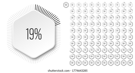 Set of hexagon percentage diagrams meters from 0 to 100 ready-to-use for web design, user interface UI or infographic 3D concept - indicator with black