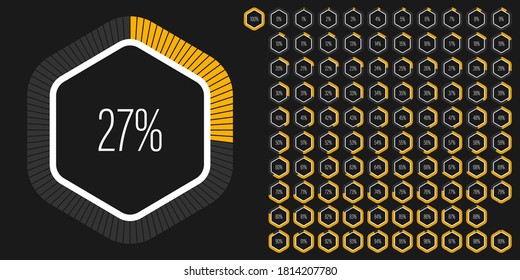 Set of hexagon percentage diagrams meters from 0 to 100 ready-to-use for web design, user interface UI or infographic - indicator with yellow