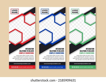 Set Hexagon Roll Up Business Banner Design Vertical Template Vector, Cover Presentation Abstract Geometric Background, Modern Publication Display And Flag Banner, Layout In Rectangle. Photo Collage