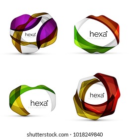 Conjunto de emblemas comerciales en forma de hexágono. Iconos de color profesional limpios del vector techno