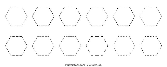 Conjunto de formas hexágono com linhas tracejadas. Figuras geométricas pontilhadas isoladas sobre fundo branco. Corte aqui pictogramas. Ilustração de contorno de vetor.