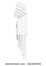 Set of hexagon tools. Vector rendering of 3d. Wire-frame style. The layers of visible and invisible lines are separated