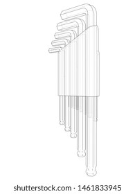 Set of hexagon tools. Vector rendering of 3d. Wire-frame style. The layers of visible and invisible lines are separated
