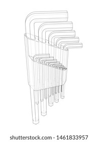 Set of hexagon tools. Vector rendering of 3d. Wire-frame style. The layers of visible and invisible lines are separated