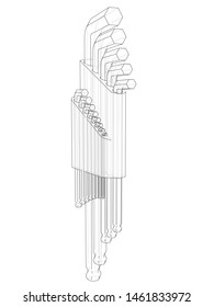 Set of hexagon tools. Vector rendering of 3d. Wire-frame style. The layers of visible and invisible lines are separated