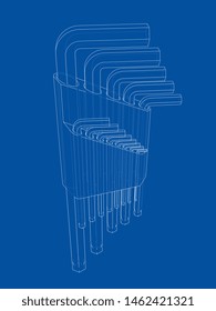 Set of hexagon tools. Vector rendering of 3d. Wire-frame style. The layers of visible and invisible lines are separated