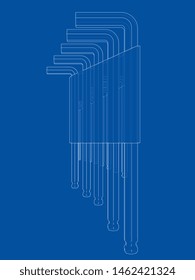 Set of hexagon tools. Vector rendering of 3d. Wire-frame style. The layers of visible and invisible lines are separated