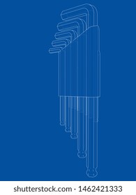 Set of hexagon tools. Vector rendering of 3d. Wire-frame style. The layers of visible and invisible lines are separated