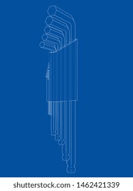 Set of hexagon tools. Vector rendering of 3d. Wire-frame style. The layers of visible and invisible lines are separated