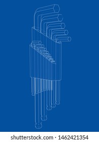 Set of hexagon tools. Vector rendering of 3d. Wire-frame style. The layers of visible and invisible lines are separated