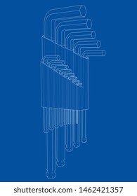 Set of hexagon tools. Vector rendering of 3d. Wire-frame style. The layers of visible and invisible lines are separated