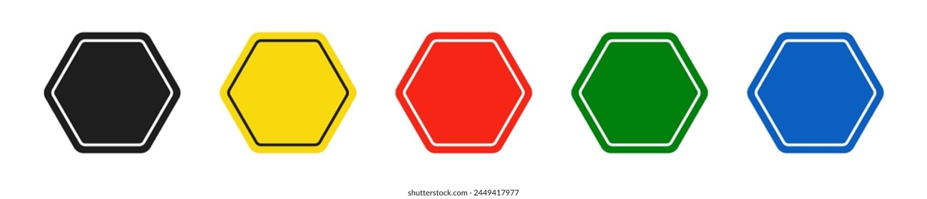 Set of hexagonal black, yellow, red, green and blue road signs. Vector illustration of icons for warning about the situation on the road. White isolated background.
