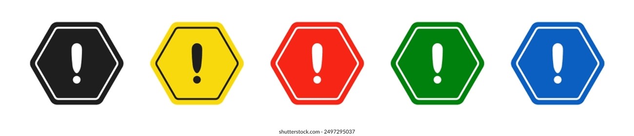 Set of hexagonal black, yellow, red, green and blue road signs with exclamation point. Caution sign. Vector icons for warning about the situation on the road. Isolated background