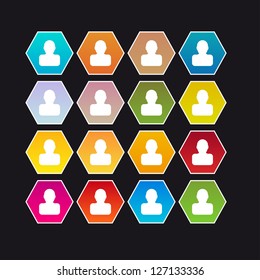 Set of hexagonal buttons with man symbol on black background