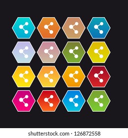 Set of hexagonal buttons with share sign on black background