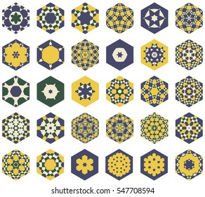 Set of hexagonal colored ornaments in the Moorish style. Vector illustration