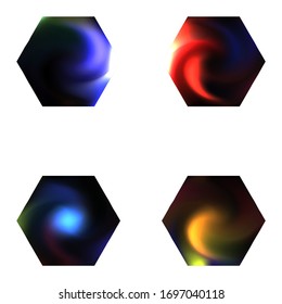 Set of hexagonal colorful backgrounds. Trendy soft color art. Cool style of 90th, 80th. Black elegant and effective, smooth blurred modern gradient covers.