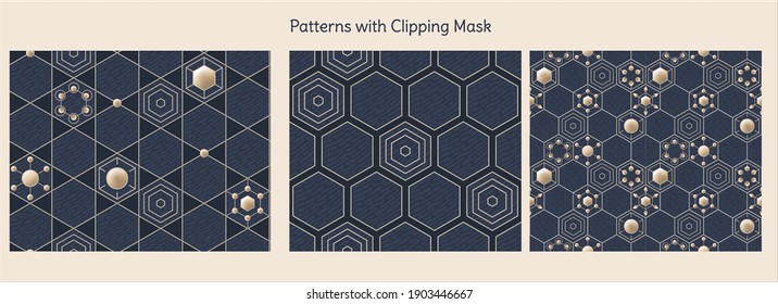 Set hexagonal dark blue seamless patterns and various geometric gold elements  Hexagonal grid and elements in chaotic order  Vector  clipping mask 