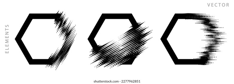 Set von Hexagonalen grafischen Elementen. Glitch Halftone Textur. Vektormonochrome Illustration.