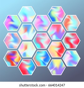 Set of hexagonal holographic stickers with abstract texture. Background of hexagons. Vector pattern with retro design